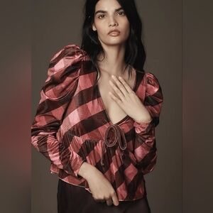 Anthropologie Plaid Puff Sleeve Top - Pink and Black XL